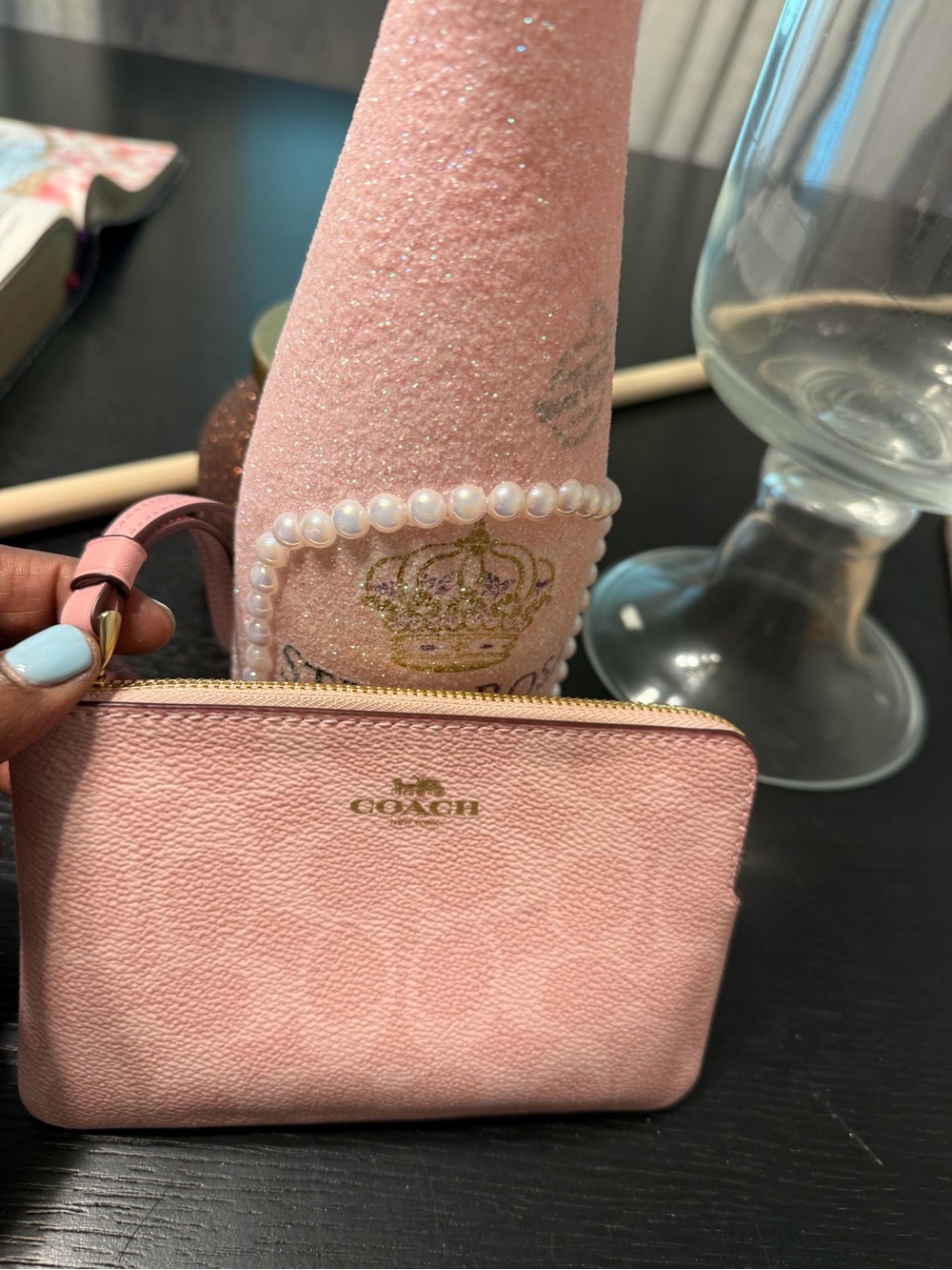 COACH Pink Pebbled Leather Wristlet with Gold Logo